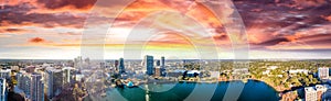 Panoramic aerial view of Lake Eola and surrounding buildings, Or