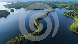 Panoramic aerial view of a lake among the forests. Landscape with drone.