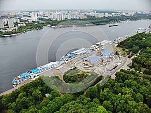 Panoramic aerial view of the landscape cruise ship sailing on water