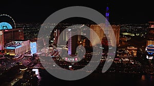 Panoramic aerial view of the Las Vegas Strip at night.