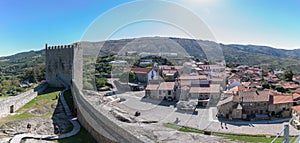 Panoramic aerial view at the Linhares da Beira Castle and Linhares da Beira village downtown, Serra da Estrela mountains, Viseu,