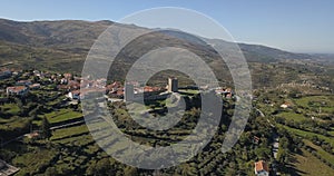 Panoramic aerial view at the Linhares da Beira Castle and Linhares da Beira village downtown, Serra da Estrela mountains, Viseu