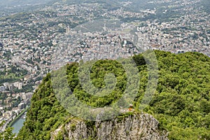 Panoramic aerial view of Lugano and its surroundings, Switzerland, from the top of San Salvatore mountain