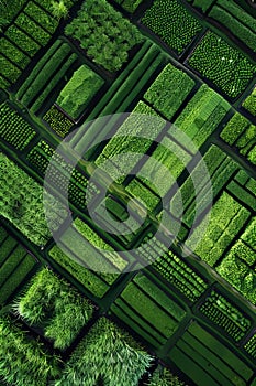 Panoramic aerial view of lush rural farmland with green fields and agricultural plantations