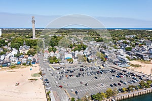 panoramic aerial view from MacMillan Pier to Provincetown with Pilgrim Monument and Town Hall