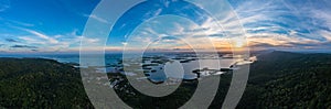 Panoramic aerial view of mangrove forests at sunset in Morrocoy National Park