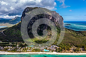 Panoramic aerial view of Mauritius island with famous Le Morne Brabant mountain, beautiful beach, blue lagoon and landscape