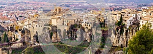 Panoramic aerial view of the medieval city of Cuenca with its houses hanging on the precipice,