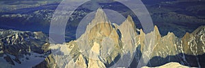 Panoramic aerial view at 3400 meters of Mount Fitzroy, Cerro Torre Range and Andes Mountains, Patagonia, Argentina