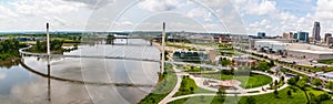 Panoramic aerial view of the Missouri river and the entire Bob Kerrey bridge Omaha Nebraska