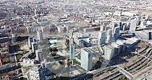 Panoramic aerial view of modern area of Diagonal Mar i el Front Maritim del Poblenou in coastal zone of Barcelona, Spain