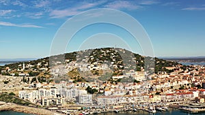 Panoramic aerial view of Mont Saint Clair in SÃ¨te, Occitanie, southern France