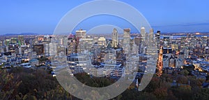 Panoramic aerial view of Montreal skyline at dusk in autumn, Quebec