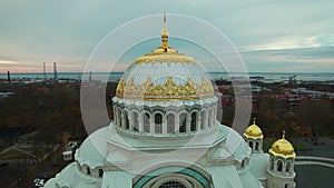 Panoramic aerial view of the Naval Cathedral of St Nicholas the Wonderworker in Kronstadt, Russia.