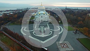 Panoramic aerial view of the Naval Cathedral of St Nicholas the Wonderworker in Kronstadt, Russia.