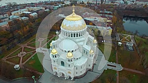 Panoramic aerial view of the Naval Cathedral of St Nicholas the Wonderworker in Kronstadt, Russia.