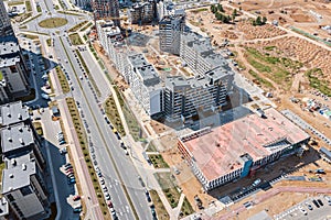 Panoramic aerial view of new residential area under construction. drone photography