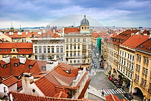 Panoramic aerial view of old town in nasty cloydy day, mala strana, Prague Czech republic