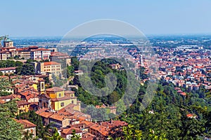 Panoramic view over Bergamo, Italy, from the hill of Old Town Citta Alta