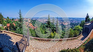 Panoramic view over Bergamo, Italy, from the hill of Old Town Citta Alta