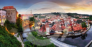 Panoramic aerial view over the old Town of Cesky Krumlov, Czech Republic. UNESCO World Heritage Site