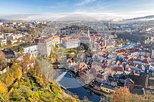 Panoramic aerial view over town center of Cesky Krumlov during autumn season in Czech Republic