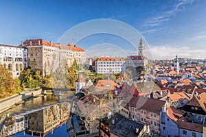 Panoramic aerial view over town center of Cesky Krumlov during autumn season in Czech Republic