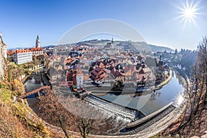 Panoramic aerial view over town center of Cesky Krumlov during autumn season in Czech Republic