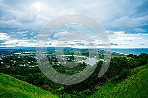 Panoramic aerial view over town of Whakatane. The heart of the Eastern Bay of Plenty, New Zealand, it's nested