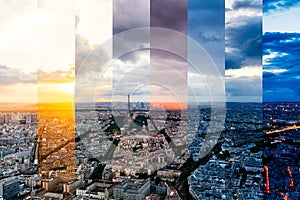Panoramic aerial view of Paris city skyline and Eiffel Tower during the sunset. Time slice photography from afternoon to night.