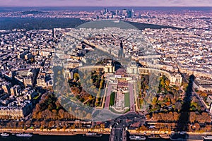 Panoramic aerial view of Paris from Eiffel Tower. Beautiful view of Paris skyline with typical parisian facades in the