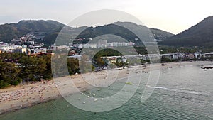 Panoramic aerial view of Patong Beach at sunset in Phuket, Thailand