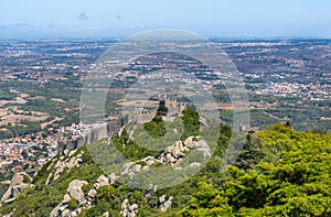 Panoramic aerial view from the Pena Palace of the Arab castle, built by the Moors, taken by the Vikings and conquered by the King