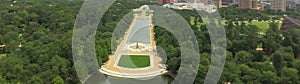 Panoramic aerial view Pioneer Memorial granite obelisk monument at Hermann Park in Houston, Texas, USA