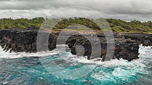 Panoramic aerial view of Pont Naturel in Mauritius. This is a natural bridge over the water