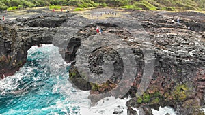 Panoramic aerial view of Pont Naturel in Mauritius. This is a natural bridge over the water