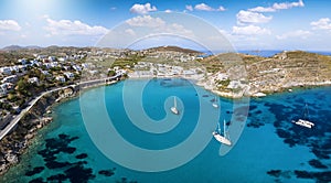 Panoramic aerial view of the popular beach at Vari, Syros island