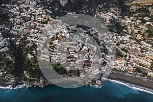 Panoramic aerial view of Positano, a beautiful town along the Amalfi coast at sunset, Salerno, Italy