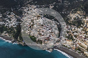Panoramic aerial view of Positano, a beautiful town along the Amalfi coast at sunset, Salerno, Italy