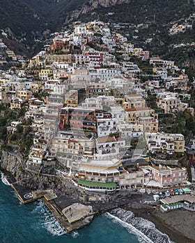 Panoramic aerial view of Positano, a beautiful town along the Amalfi coast at sunset, Salerno, Italy