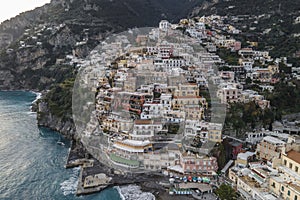 Panoramic aerial view of Positano, a beautiful town along the Amalfi coast at sunset, Salerno, Italy