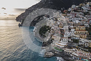 Panoramic aerial view of Positano, a beautiful town along the Amalfi coast at sunset, Salerno, Italy