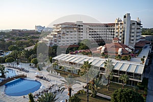 Panoramic aerial view of resort hotel on Mediterranean coastline