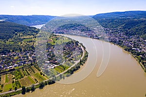 Panoramic aerial view of the Rhine loop or sinuosity near the city of Boppard. Gedeon Neck lookout point. Boppard is the city in t