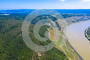 Panoramic aerial view of the Rhine loop or sinuosity near the city of Boppard. Gedeon Neck lookout point. Boppard is the city in t