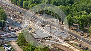 Panoramic aerial view of road big construction site timelapse