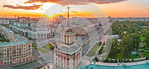 Panoramic aerial view of the spire of a high-rise building on Moskovsky Prospect in the city of Saint-Petersburg, evening sunset