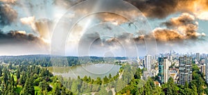 Panoramic aerial view of Stanley Park and Vancouver cityscape, B