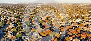 Panoramic aerial view subdivision with colorful fall foliage in Flower Mound, Texas, USA