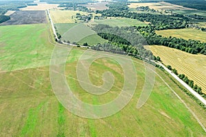 Panoramic aerial view of summer rural scenery, farmland, country road among fields